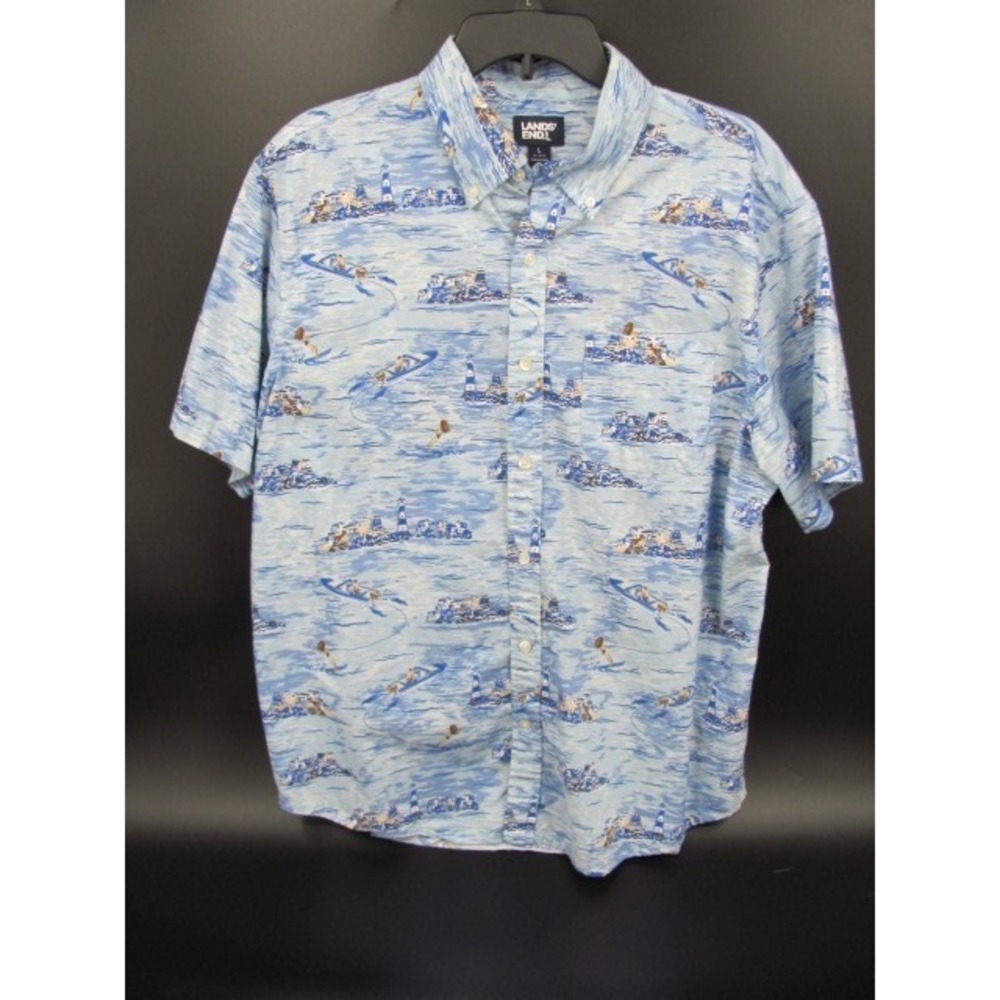 Lands End Mens Shirt L Button Down Short Sleeve Ski Girl Lighthouse Summer Blue